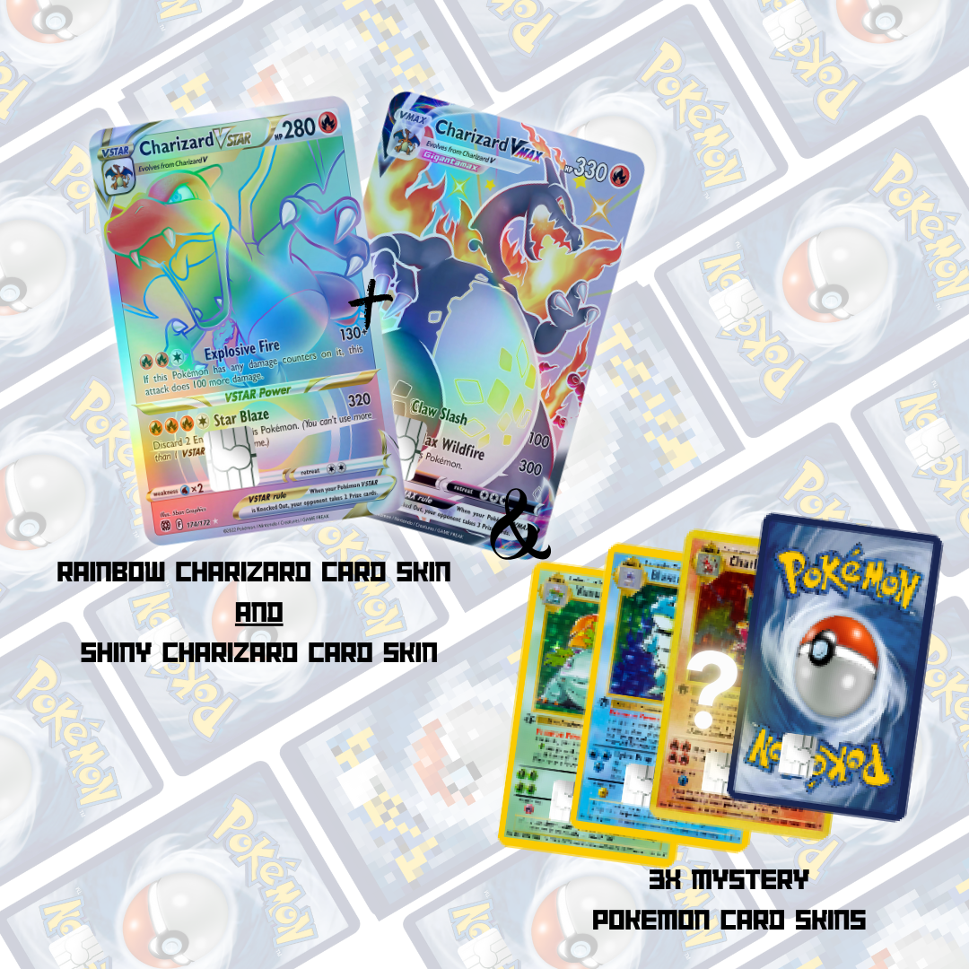 Pokemon Charizard Mystery Booster Pack - 5 in 1 Holographic Credit Card Skin Bundle