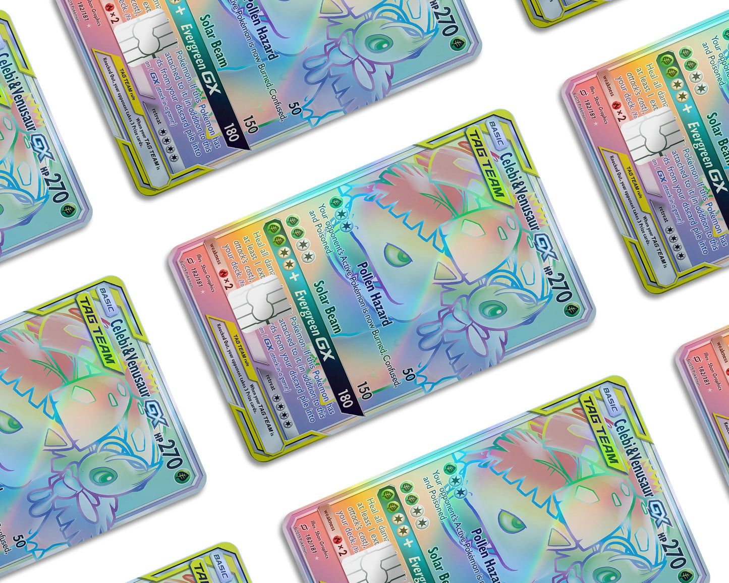 Anime Town Creations Holographic Credit Card Tag Rainbow Venusaur Celebi Pokemon Card Window Skins - Anime Pokemon Holographic Credit Card Skin