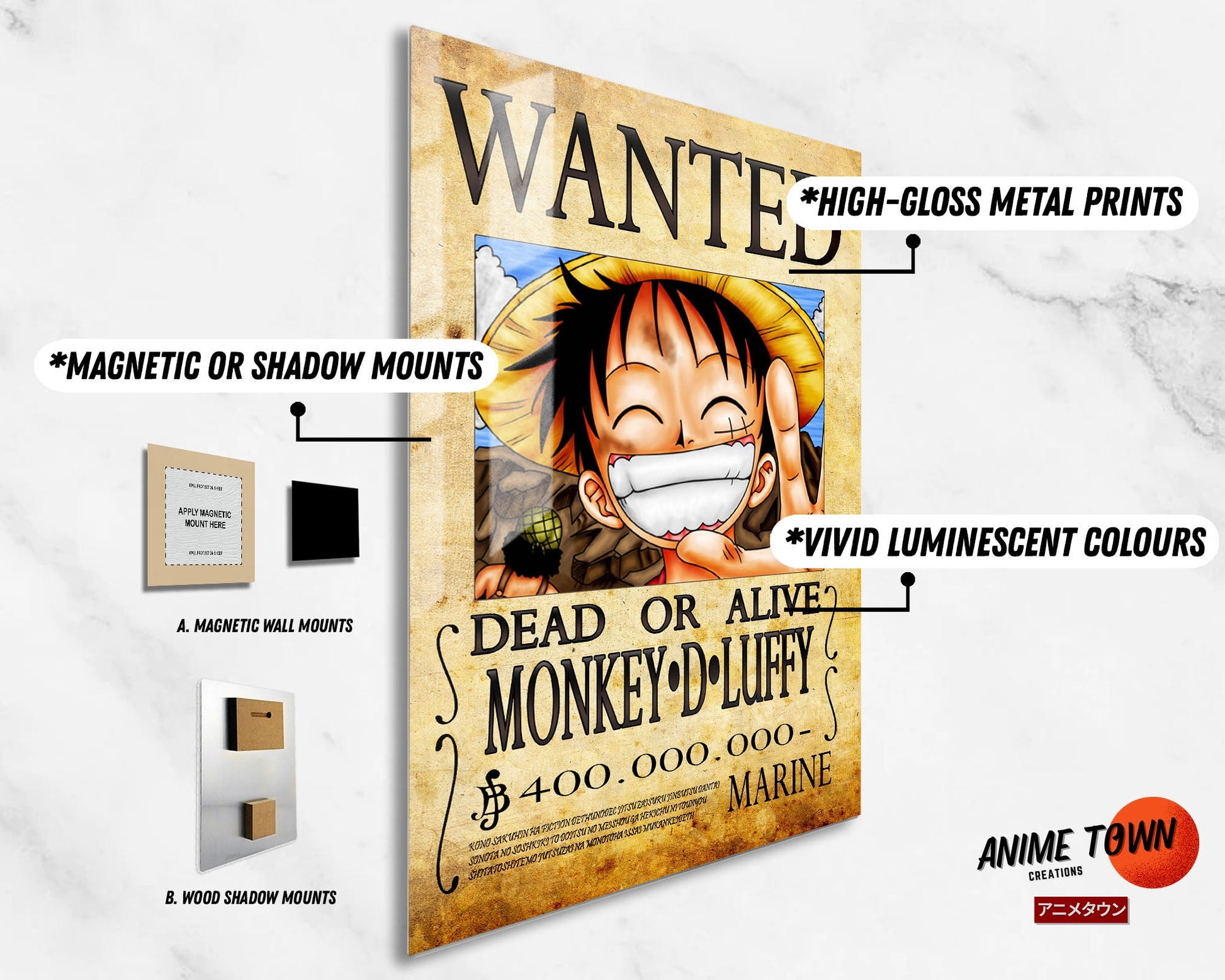 Anime Town Creations Metal Poster One Piece Luffy Wanted Poster 11" x 17" Home Goods - Anime One Piece Metal Poster