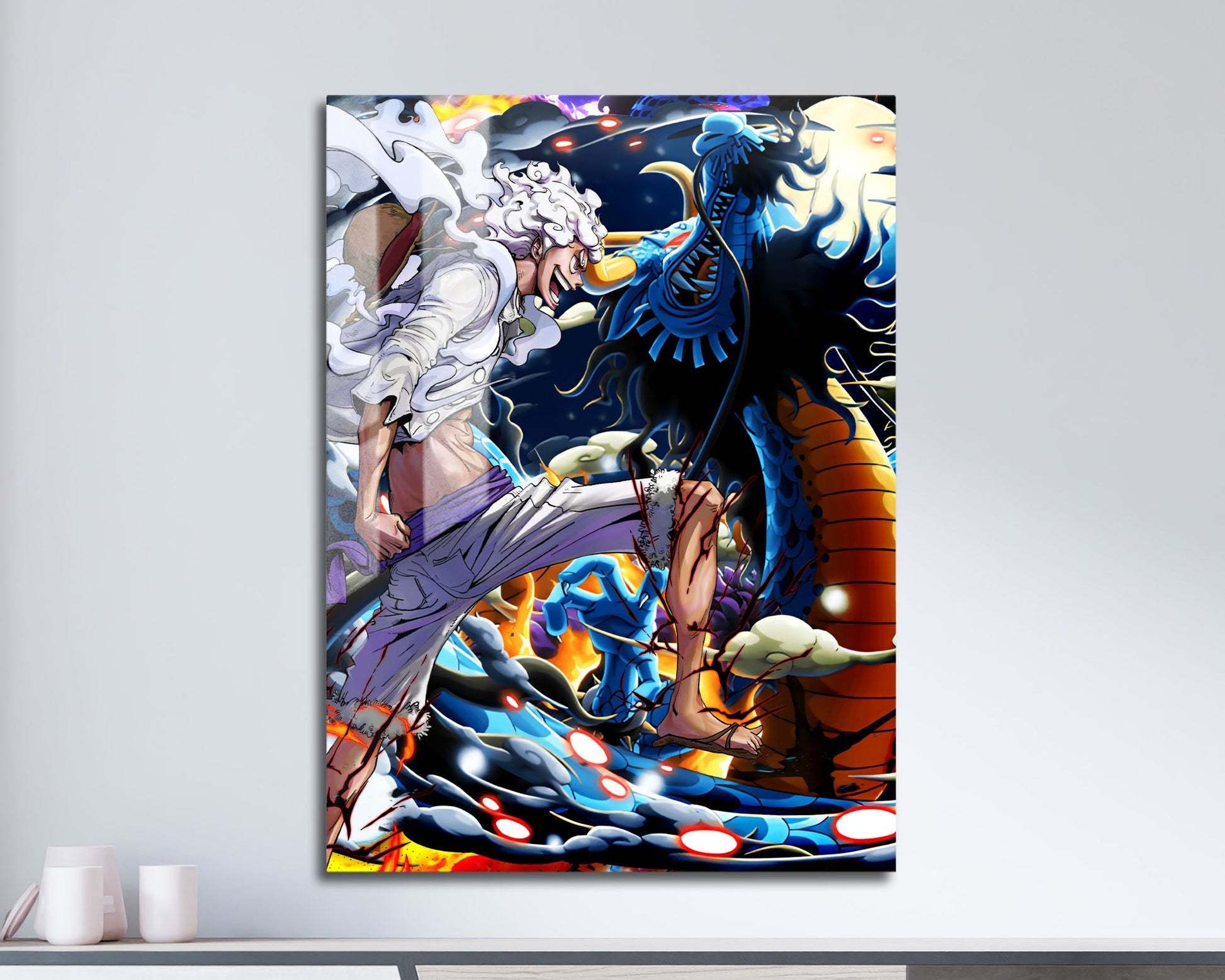 Anime Town Creations Metal Poster One Piece Luffy Gear 5 vs Kaido 11" x 17" Home Goods - Anime One Piece Metal Poster