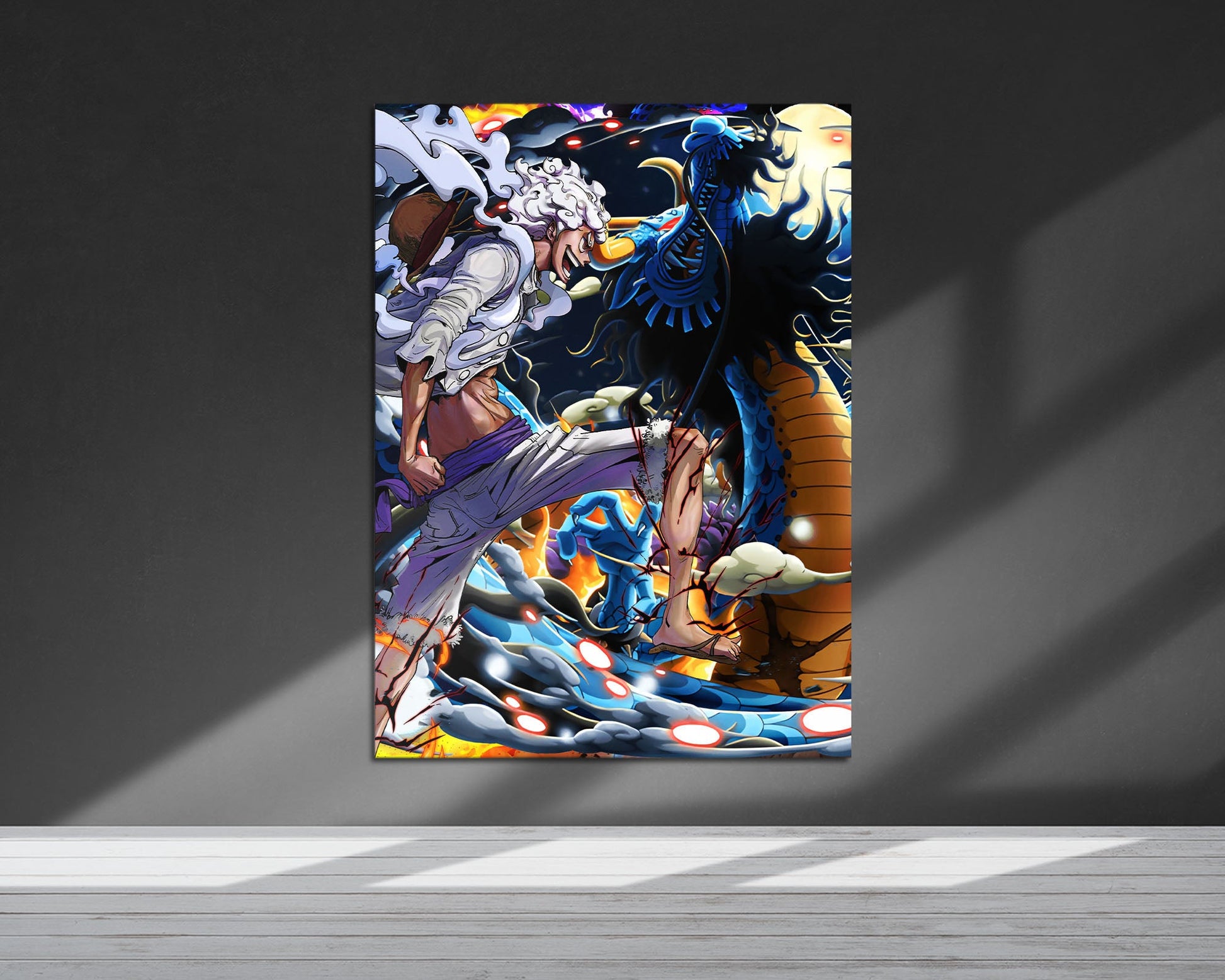 Anime Town Creations Metal Poster One Piece Luffy Gear 5 vs Kaido 5" x 7" Home Goods - Anime One Piece Metal Poster