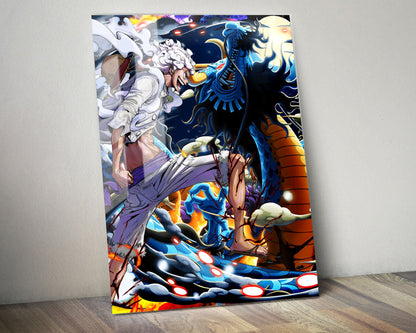Anime Town Creations Metal Poster One Piece Luffy Gear 5 vs Kaido 5" x 7" Home Goods - Anime One Piece Metal Poster