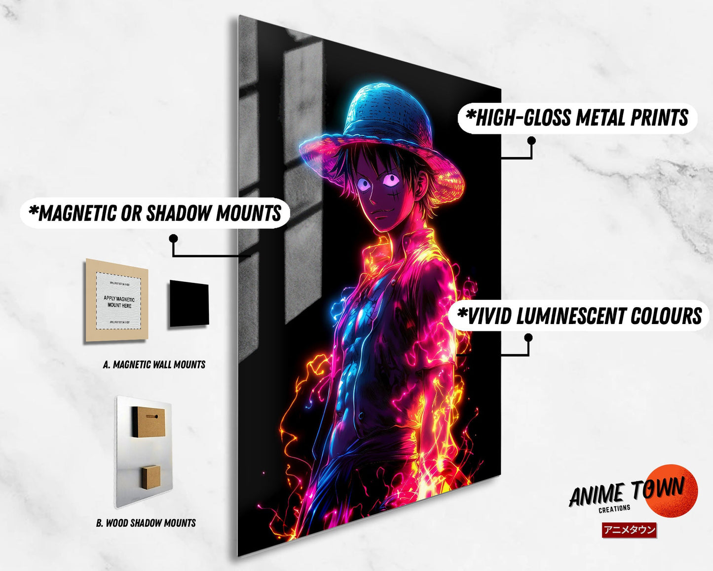 Anime Town Creations Metal Poster One Piece Neon Luffy 11" x 17" Home Goods - Anime One Piece Metal Poster
