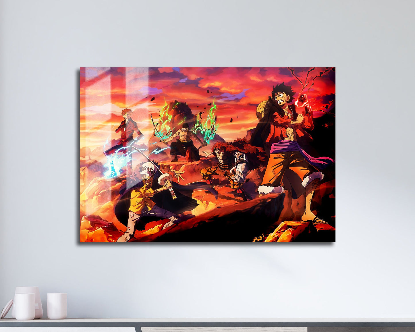 Anime Town Creations Metal Poster Landscape One Piece Crew Flames 17" x 11" Home Goods - Anime One Piece Metal Poster