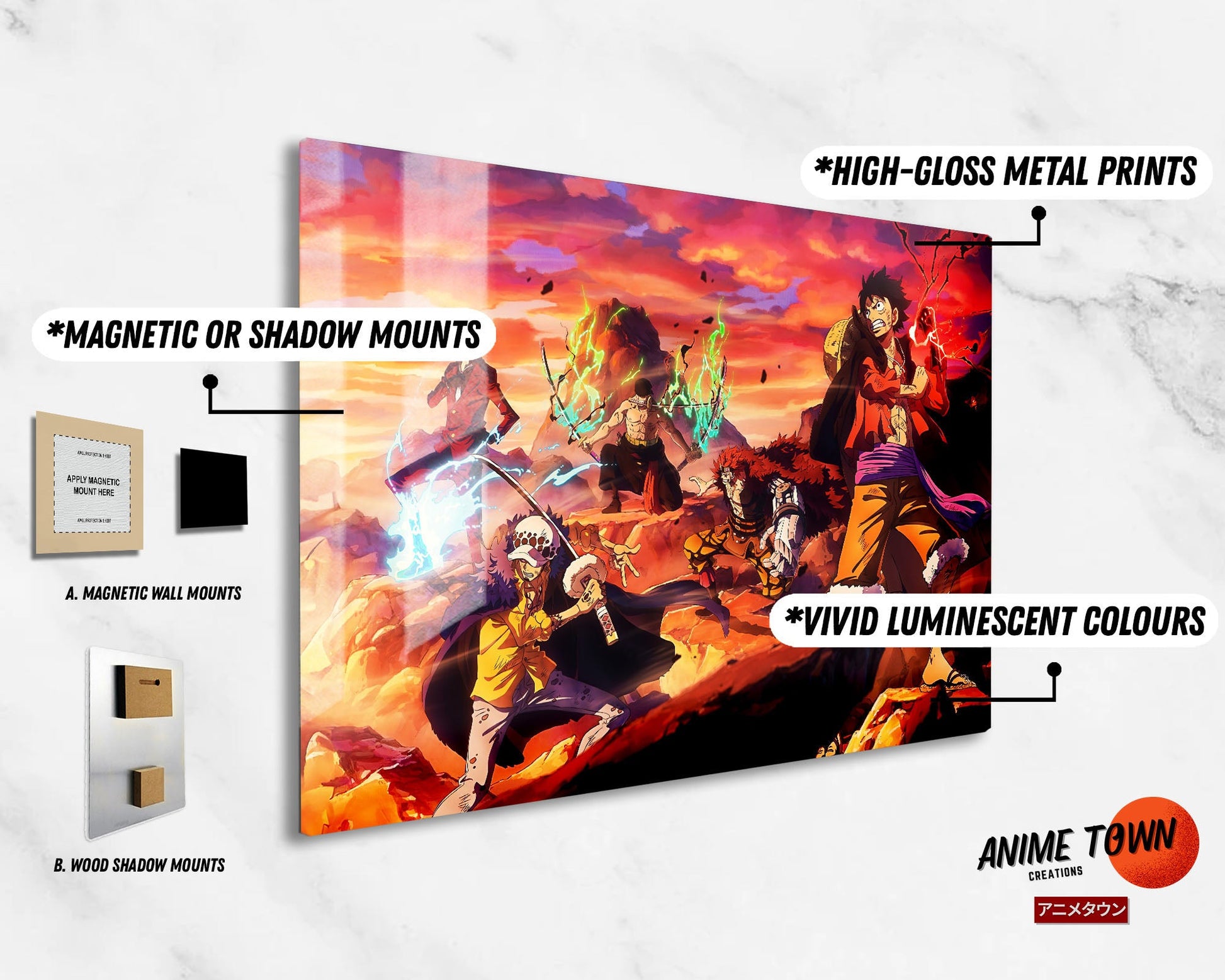 Anime Town Creations Metal Poster Landscape One Piece Crew Flames 17" x 11" Home Goods - Anime One Piece Metal Poster