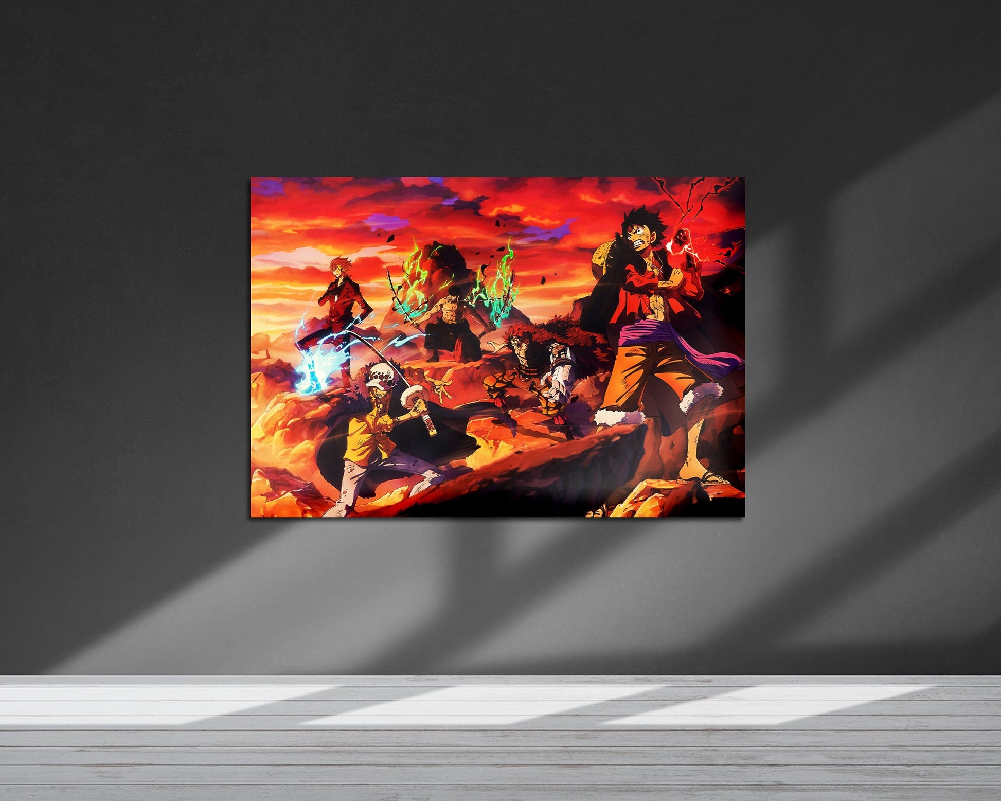 Anime Town Creations Metal Poster Landscape One Piece Crew Flames 7" x 5" Home Goods - Anime One Piece Metal Poster