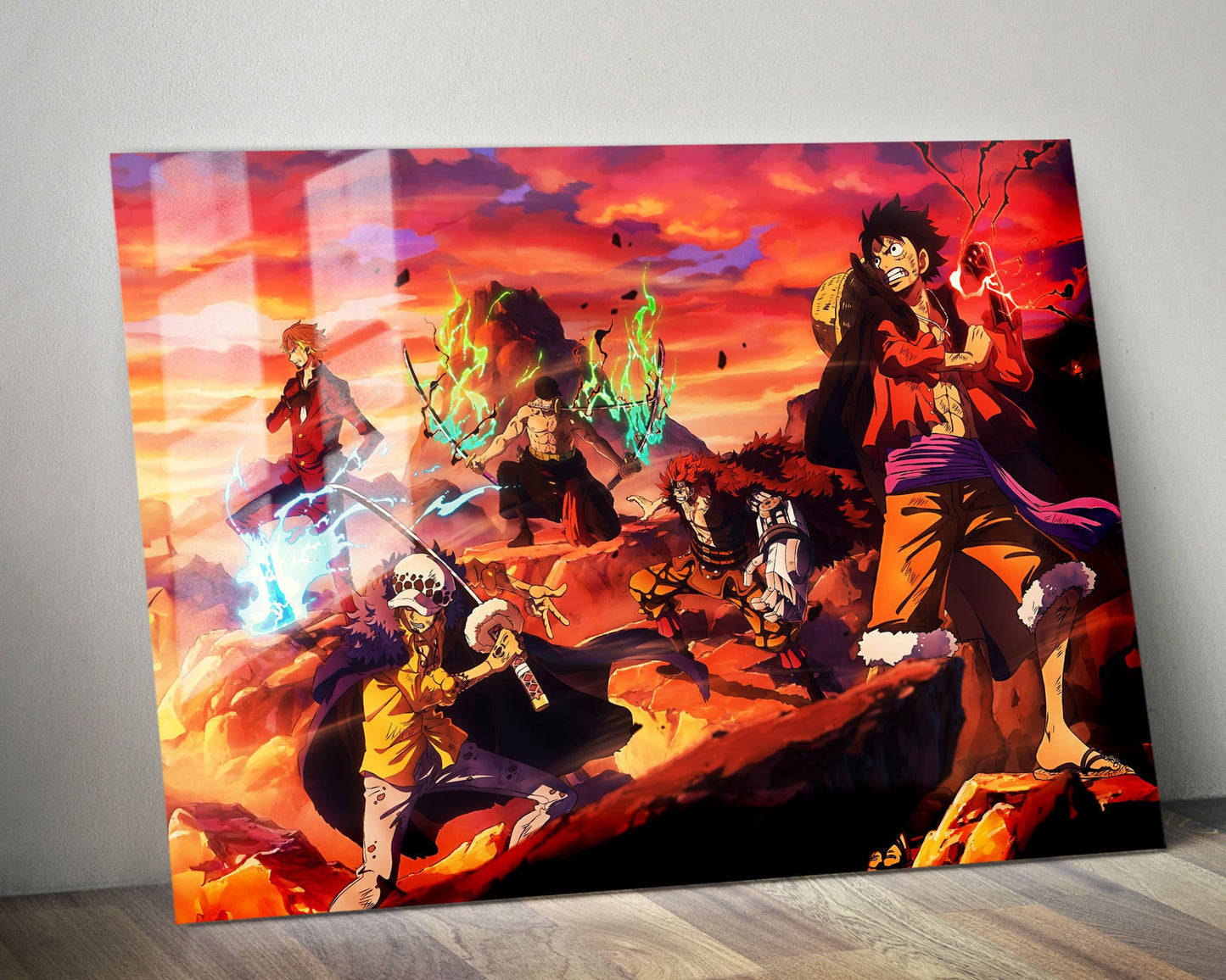 Anime Town Creations Metal Poster Landscape One Piece Crew Flames 14" x 11" Home Goods - Anime One Piece Metal Poster