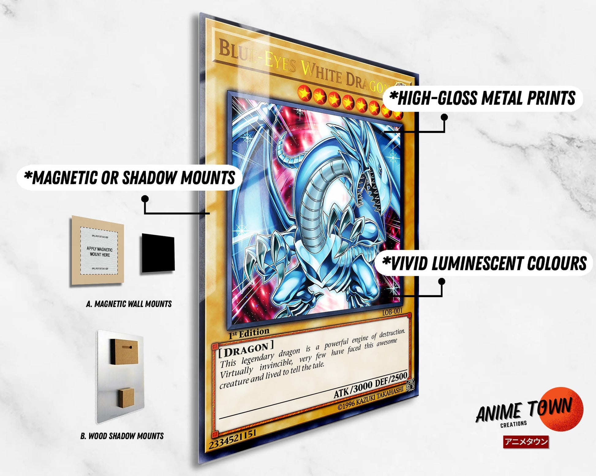 Anime Town Creations Metal Poster Blue Eyes White Dragon 1st Edition Card 11" x 17" Home Goods - Anime YGO Metal Poster