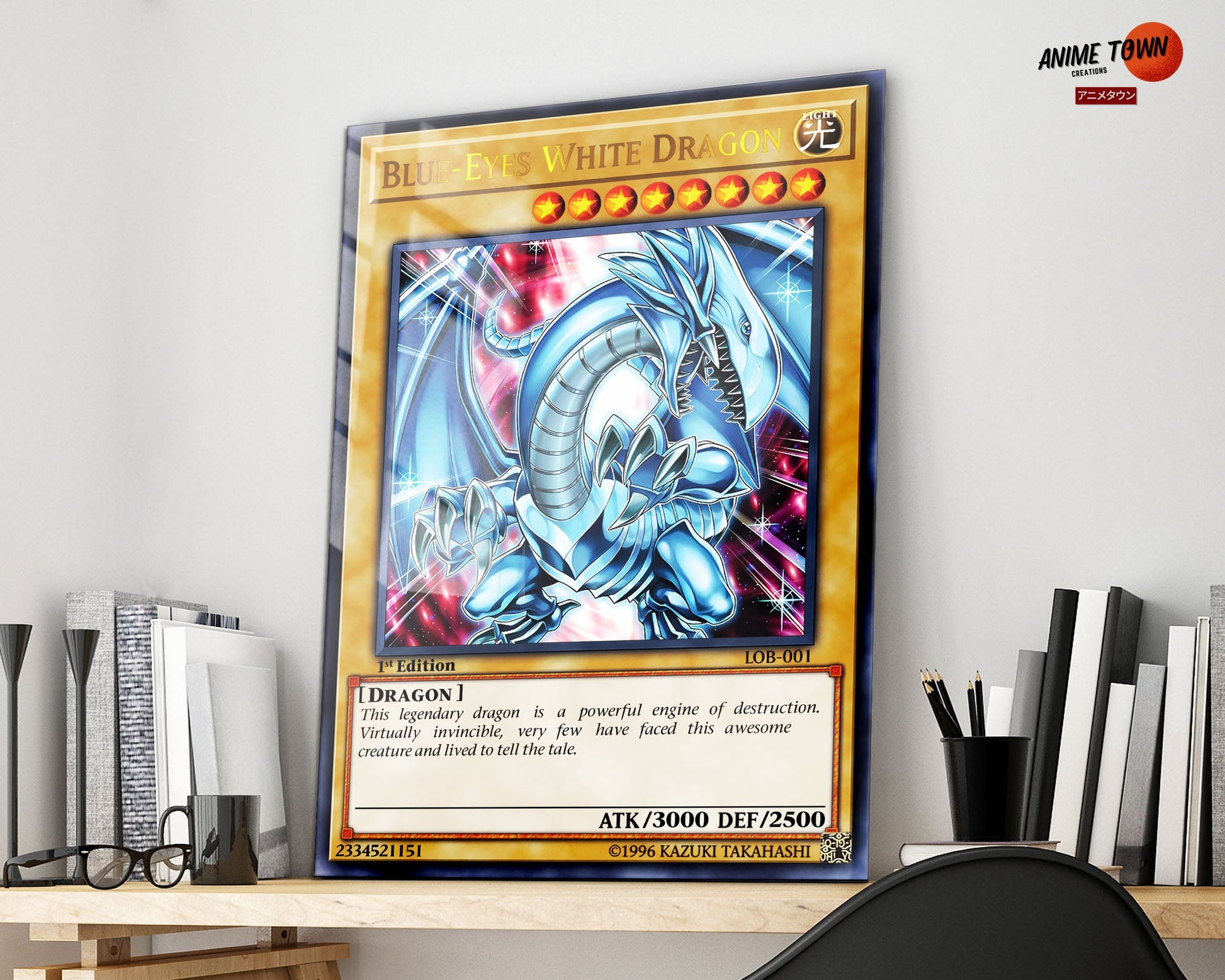 Anime Town Creations Metal Poster Blue Eyes White Dragon 1st Edition Card 16" x 24" Home Goods - Anime YGO Metal Poster