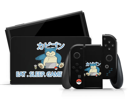 Anime Town Creations Nintendo Switch OLED Snorlax Eat Sleep Game Repeat Vinyl +Tempered Glass Skins - Anime Pokemon Switch OLED Skin