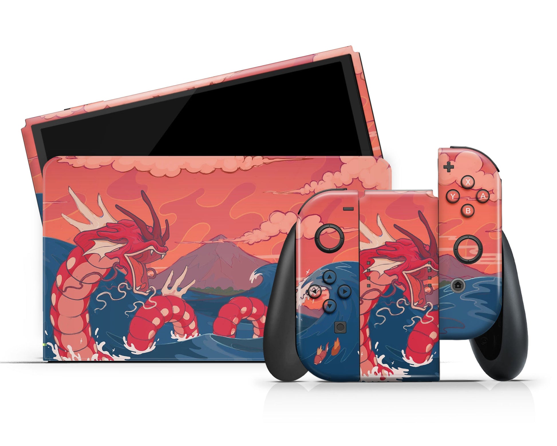 Anime Town Creations Nintendo Switch OLED Gyarados Dragon Rage Waves Vinyl +Tempered Glass Skins - Anime Pokemon Switch OLED Skin