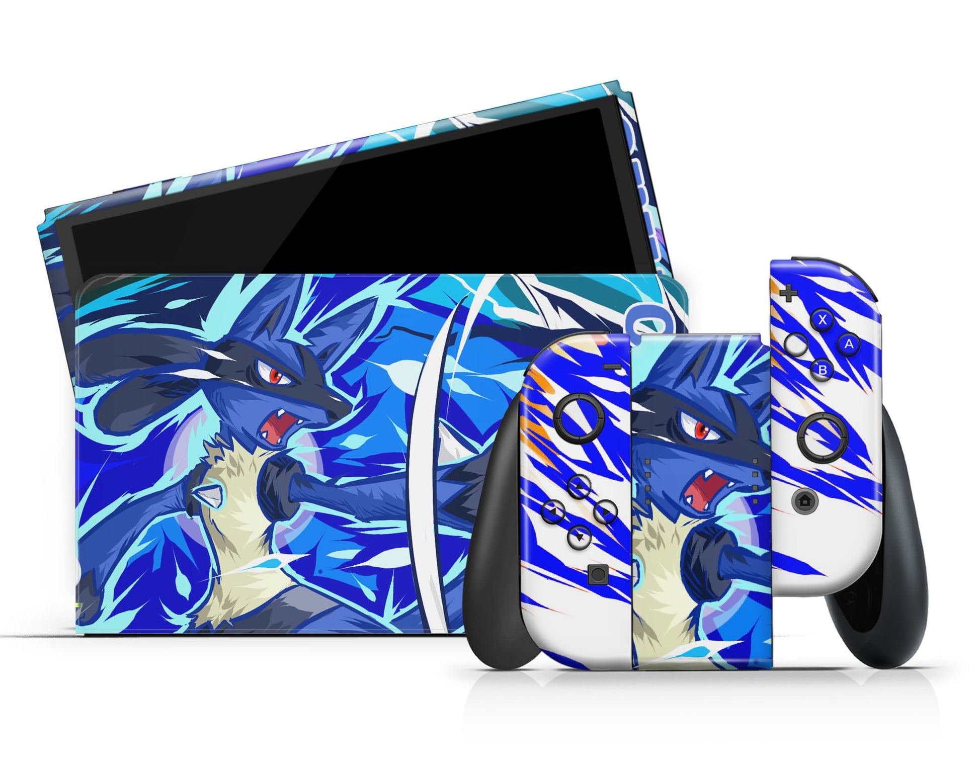 Anime Town Creations Nintendo Switch OLED Pokemon Lucario Vinyl +Tempered Glass Skins - Anime Pokemon Switch OLED Skin